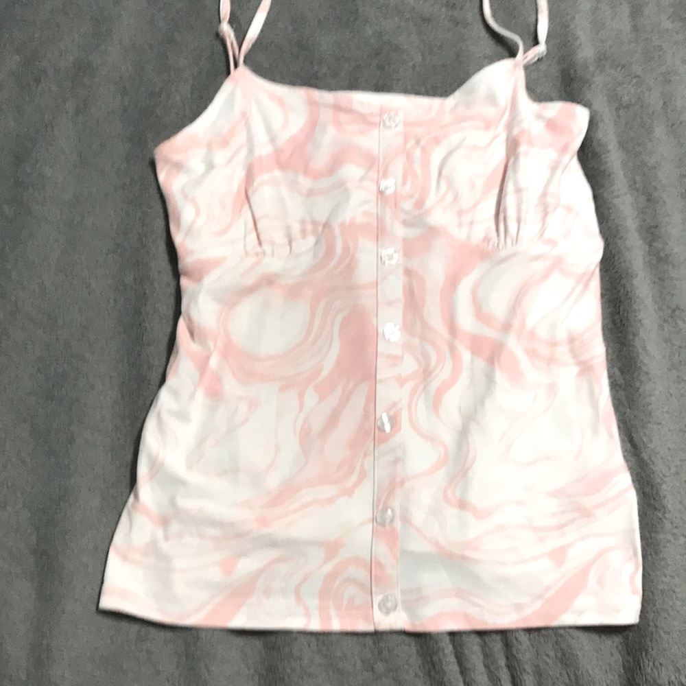 Pink and white tank top with spaghetti straps and buttons